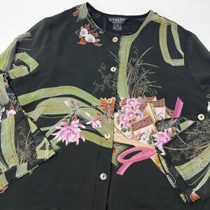 Citron Santa Monica Silk Floral Button Front Tunic High Low Blouse Black Medium
